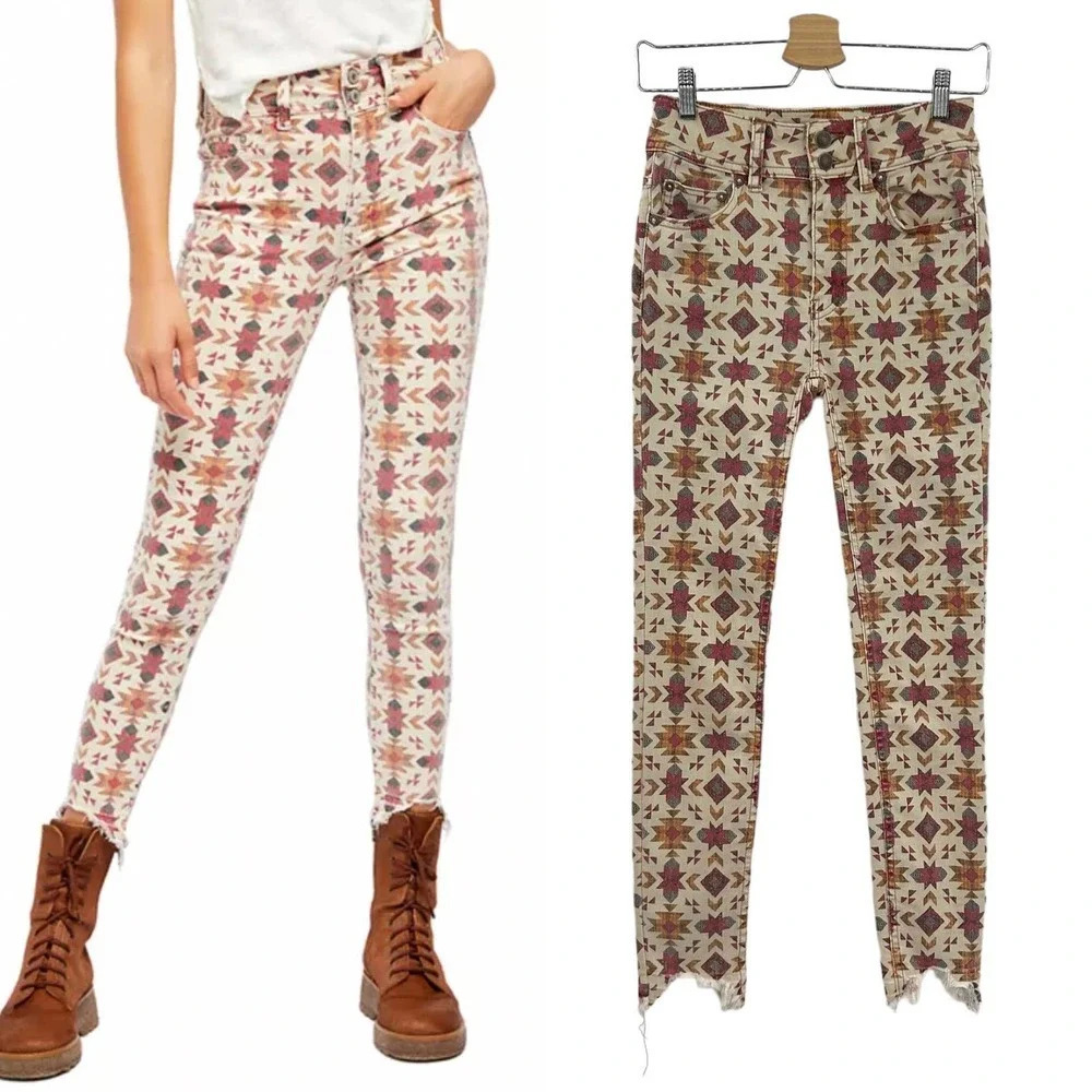 Free People Wild Child Skinny Jeans Geometric Printed Aztec Size 25